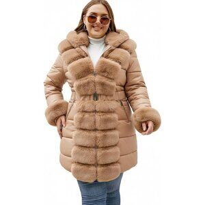 Women Leather Fur Trim Lined Long Apricot Hooded Puffer Jacket Coat Winter Warm